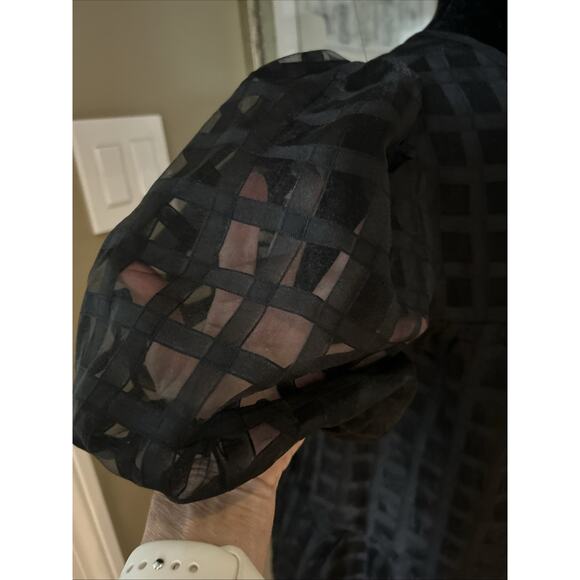 English Factory Puffy Sleeve Black Dress window pane semi sheer lined tired sz S - Picture 11 of 16